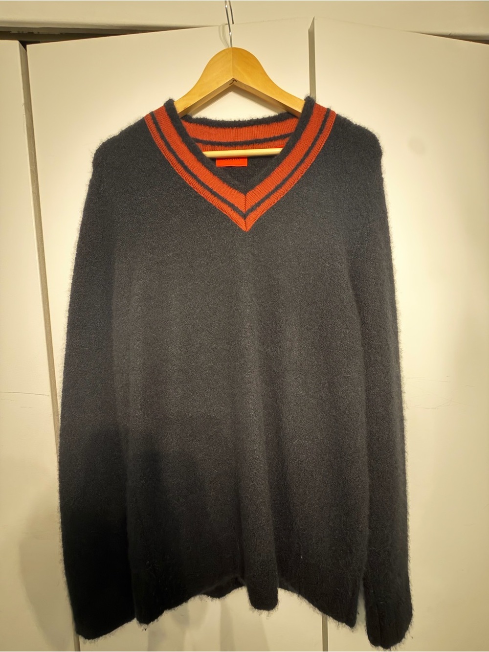 Isaia Black V-Neck Sweater with Orange-Trim Collar